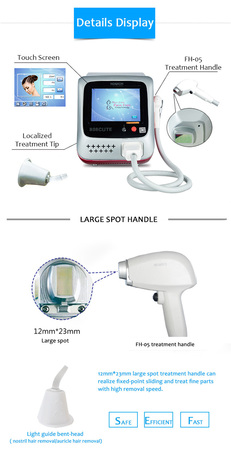 Laser Hair Removal Treatment Theory  The effective penetration depth of 808nm diode laser can reach the target tissue Dermal papilla. The appropriate pulse duration of the target is sufficient heat damage and the surrounding tissue is barely affected. Provide sufficient energy output to damage the target tissue and normal tissue is almost unaffected. Skin protection measures to guarantee enough target tissue damage. To ensure the safety of the treatment. Under the mode of low energy density, the hair follicles were heated to 75℃ and the hair follicle and growth stem cells were deprived of the growth activity by the sliding maintenance of the treatment hand and the hair follicles(10hz state). Powerful upgrade are more secure, fast, painless, efficient, it’s your preferred hair removal device. The laser selectively acts on the melanin in the hair follocle, which destroys the germinal region in the hair warm. Natural hair shedding, to achieve the purpose of hair removal. Stimulate collagen regeneration, reduce the pores, make the skin tight smooth at the same time.