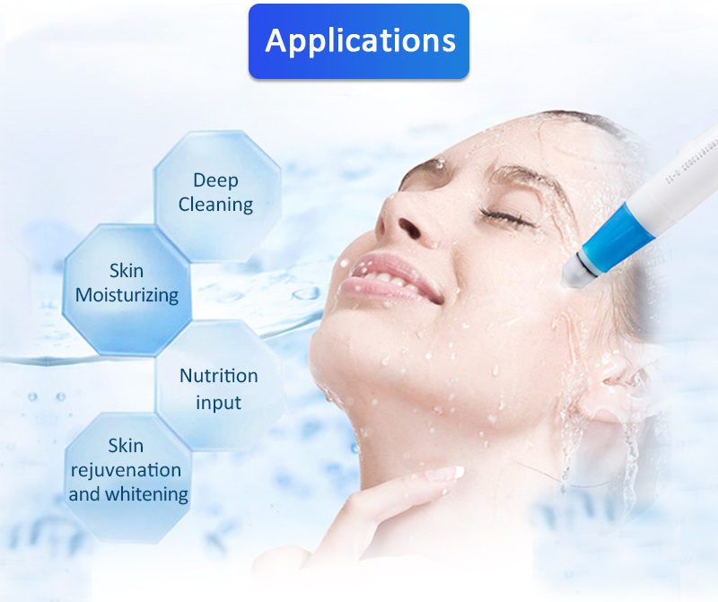 Applications 1. Acne clearance; 2. Skin whitening,skin texture improving; 3. Deeply skin cleaning,replenishing water and nutrition for skin; 4. Folliculitis; 5. Combined with other equipments to achieve a better treatment effect;     特征和优势：Features & Advantages 1. M206 is cost effective as a vertical Water & Oxygen Jet machine; 2. Unique inner air supply system guarantees the security and stability of air output; 3. Air output adjustment system accurately controls the output flow and pressure of liquid for different treatment parts; 4. Air switch easily transfers air supply from Air Compressor or Medical Oxygen Tank; 5. The inner Air Compressor can offer 0-10KG air output pressure to meet the need of treatment; 6. Being natural, healthy and fresh, Water & Oxygen Jet treatment replenishes the skin with oxygen and nutrients, and gives you a clean and young skin;