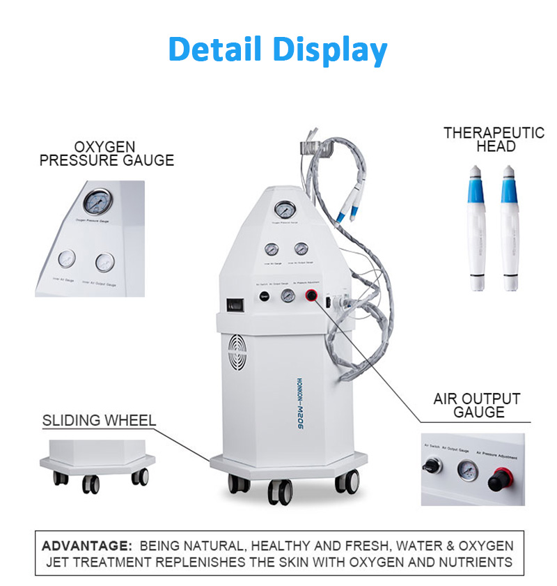 Applications 1. Acne clearance; 2. Skin whitening,skin texture improving; 3. Deeply skin cleaning,replenishing water and nutrition for skin; 4. Folliculitis; 5. Combined with other equipments to achieve a better treatment effect;     特征和优势：Features & Advantages 1. M206 is cost effective as a vertical Water & Oxygen Jet machine; 2. Unique inner air supply system guarantees the security and stability of air output; 3. Air output adjustment system accurately controls the output flow and pressure of liquid for different treatment parts; 4. Air switch easily transfers air supply from Air Compressor or Medical Oxygen Tank; 5. The inner Air Compressor can offer 0-10KG air output pressure to meet the need of treatment; 6. Being natural, healthy and fresh, Water & Oxygen Jet treatment replenishes the skin with oxygen and nutrients, and gives you a clean and young skin;